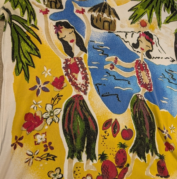 Chico's Tropical Hula Vintage Cotton Print V-Neck 3/4 Sleeves Fun!! Shirt Size L - Picture 5 of 9